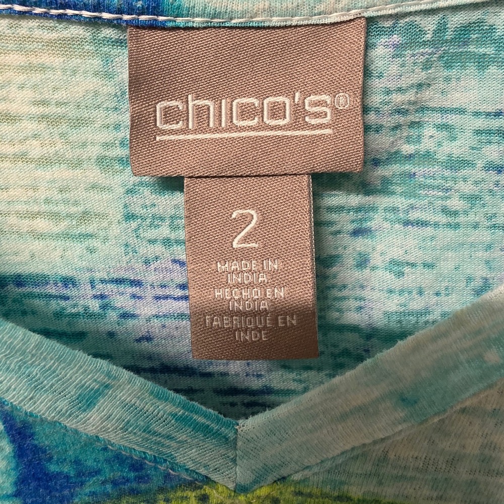 Chico's Abstract Brushstroke V-Neck Top Teal Blue Green Cotton Blend Size 2 L - Picture 6 of 10